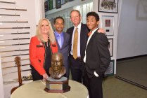 (Left to right) FWAA Director of Special Events Margaret Mason, Eddie Robinson III, emcee Rick Neuheisel and Eddie Robinson IV enjoyed a conversation during the reception. (Photo courtesy of the Rose Bowl)