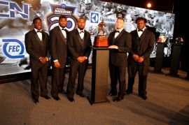 The five finalists for the 2014 Bronko Nagurski Trophy (from left to right): Ole Miss' Senquez Golson, Alabama's Landon Collins, Louisville's Gerod Holliman, Arizona's Scooby Wright III and Texas' Malcom Brown. (Photo by Ron & Donna Deshaies/Treasured Events of Charlotte.)