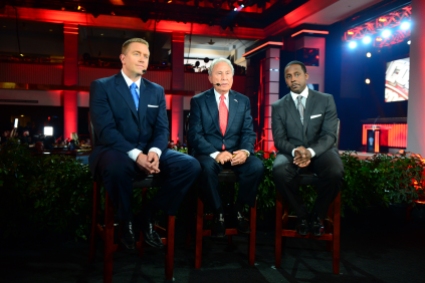 The "College GameDay" crew of Kirk Herbstreit, Lee Corso and Desmond Howard on set at Disney for the Awards Show.