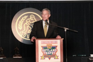 Iowa Coach Kirk Ferentz speaks at the Outland Trophy banquet on Jan. 15. Brandon Scherff, a senior offensive tackle, was the fourth player from Iowa to win the Outland, and the second under Ferentz.