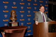 TCU Coach Gary Patterson addresses the audience after receiving the FWAA Eddie Robinson Coach of the Year Award on Jan. 10, 2015, at the Renaissance Hotel in Dallas. (Melissa Macatee photo)