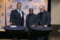 2015 Outland Trophy winner Joshua Garnett of Stanford, former Nebraska star Johnny Rogers and 1974 Outland winner Randy White, who received his trophy at the banquet on Jan. 14 in Omaha. Photo provided by the Greater Omaha Sports Committee.